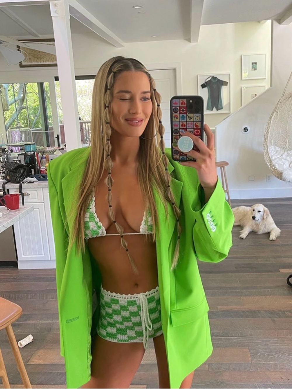 Frankie's Bikinis Green & White Crochet Check Triangle Top and Bottom